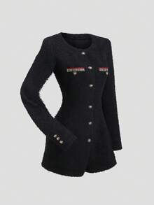 Sweetra Women's Elegant Office Black Autumn Jumpsuit,Solid Color Textured Round Neck Knitted Tie Decor Open Front Five-Metal Button Fitted Jumpsuit - Black - View 6