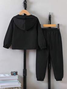 Sparklyn Young Boy Casual Commuter Fashion Letter Zip-Up Hooded Jacket And Drawstring Pants Set, Autumn/Spring