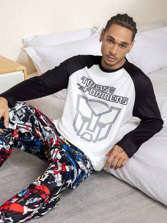Transformers X SHEIN Men's Letter Graphic Color Block Crew Neck Long Sleeve Top And All-Over Print Pants Loungewear Set