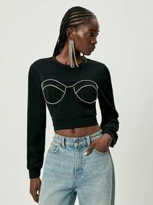Aveloria GENKIRA Solid Color Short Sleeve Rhinestone Chain Split Casual Women Sweatshirt - Black - View 4