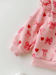 Cozy Pixies 两件套女婴爱心蝴蝶结针织柔软圆领长袖荷叶边袖卫衣和松紧腰束脚裤套装，可爱休闲装，适合休闲、度假、派对、户外活动和日常穿着。 - 彩色 - 查看 8