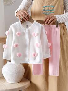 SHEIN Baby Girl Heart Pattern Front Button Jacket And Pants Set, Autumn/Winter - Pink - View 2
