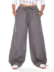 Solavibe Plus Size Women's Solid Color Tie Waist Wide Leg Loose Casual Pants,Drawstring Waist Flap Pocket Cargo  Pants,Autumn/Winter, - Dark Grey - View 1