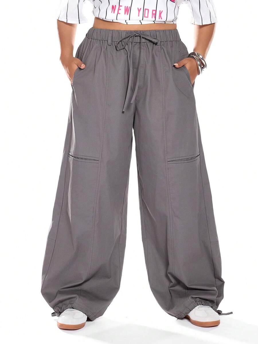 Solavibe Plus Size Women's Solid Color Tie Waist Wide Leg Loose Casual Pants,Drawstring Waist Flap Pocket Cargo Pants,Autumn/Winter, - Dark Grey - View 1