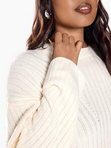 Solavibe Damski sweter w jednolitym kolorze, plus size, z obniżonymi ramionami, długim rękawem, luźny, swobodny, jesienno-zimowy, na wakacje, wakacje, letni, plażowy, szkolny, bardzo prosty, rustykalny, do biura, na stare pieniądze, dla nauczycieli, na randkę, na ukończenie szkoły - Beżowy - Zobacz 3