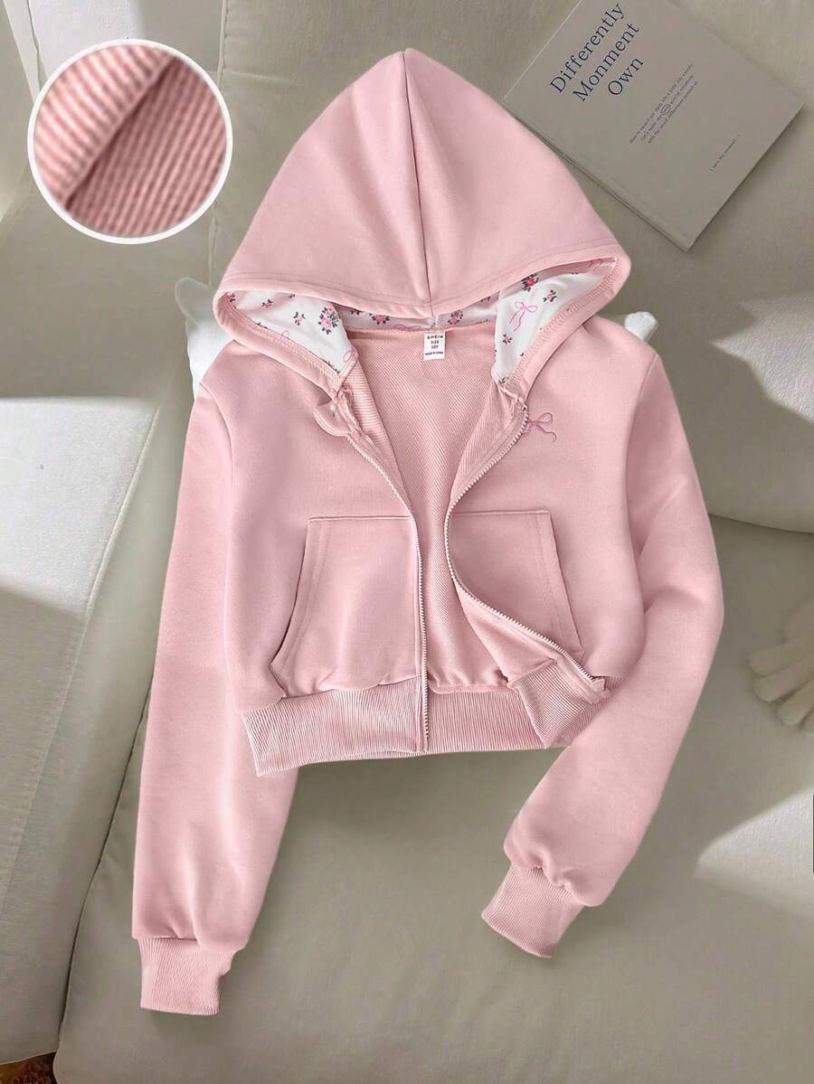 SHEIN 少女宽松休闲简约舒适日常街头风宽松修身口袋拉链短袖长袖卫衣外套,返校季舒适秋冬款式,适合秋冬季日常穿着、街头风、居家圣诞节卫衣,适合新年、日常、庆祝活动、秋冬季轻松舒适。 - 粉色 - 查看 1