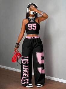 Slaydiva 2pcs/Set Women Casual Street Tight Tank Top And Loose Flare Leg Pants Set, Black And Pink "95s" Text Print Crew Neck Tank Top, Los Angeles Flare Leg Crop Top Sets Casual 2 Pieces Set 2 Pieces Summer Set Women 2 Pieces Pants Set Women Club Outfits 2 Pieces - Black - View 2