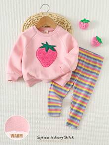 Cozy Pixies 2件套女婴草莓刺绣针织柔软圆领长袖套头卫衣和条纹弹力腰带打底裤套装，秋冬款 - 彩色 - 查看 7
