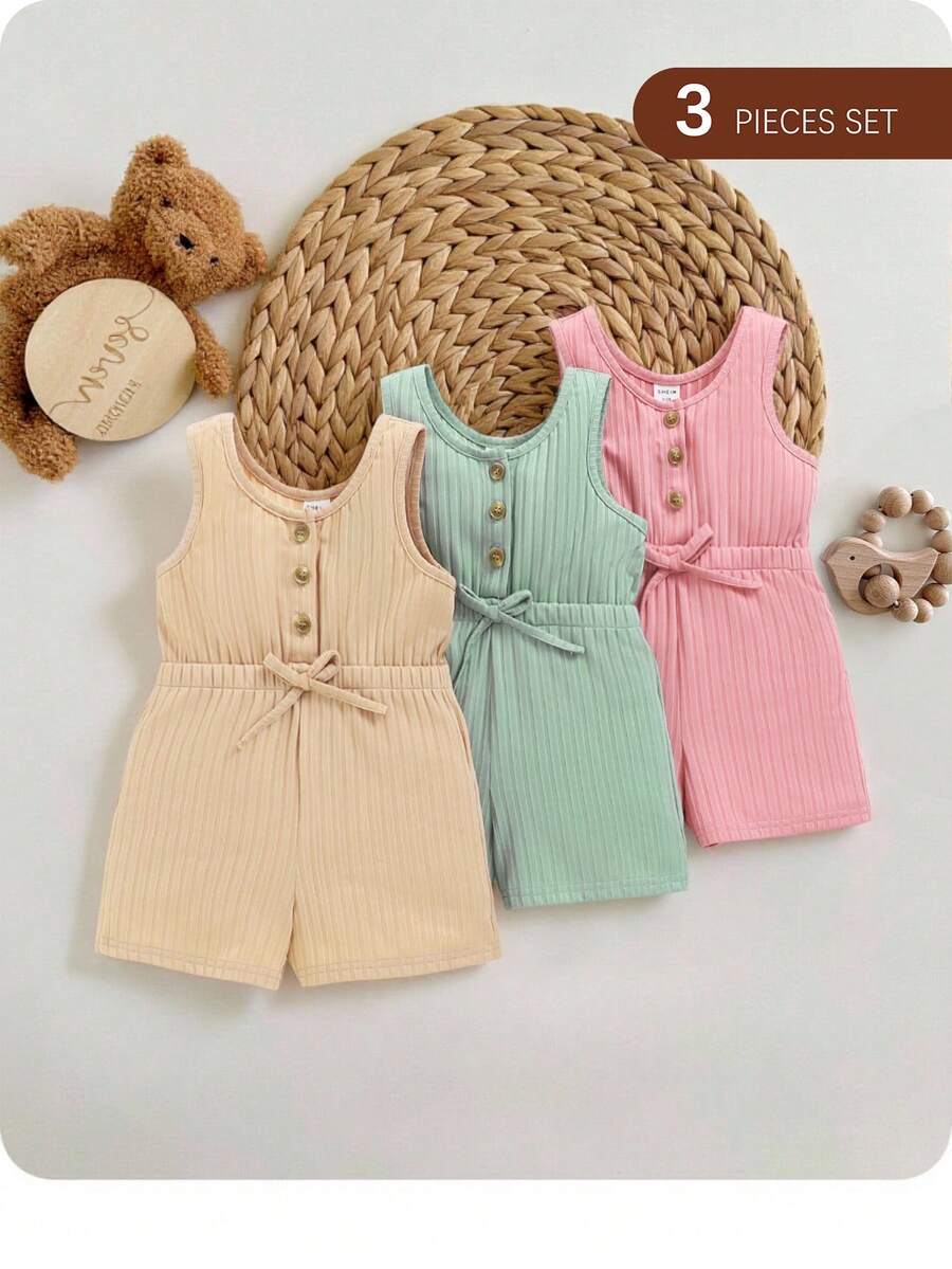 Baby Girl Casual Knitted Solid Color Tank Top Shorts 3-Piece Set - Multicolor - View 1