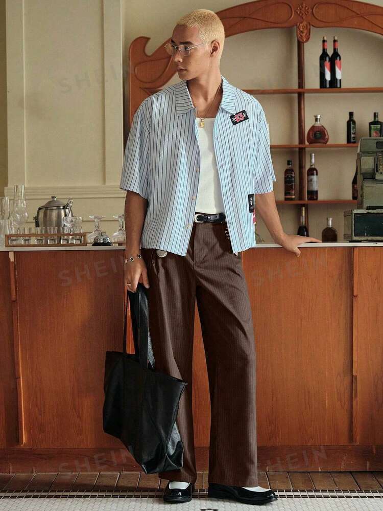 SWAVVY Men's Casual Commuter Striped Slant Pocket Suit Pants - Brown - View 3