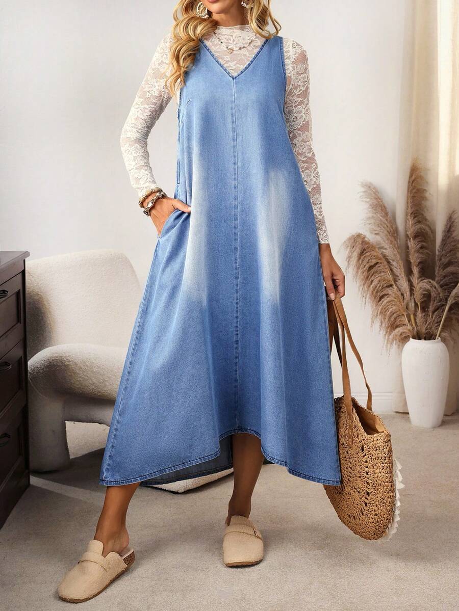EMERY ROSE Women's Casual Washed Sleeveless Denim Dress - Blue - View 1