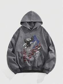 ROMWE MEN Street Life Men's Casual Flag & Eagle Print Hoodie, Autumn/Winter, Long Sleeve Top - Grey - View 1