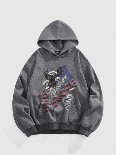 Street Life Men's Casual Flag & Eagle Print Hoodie, Autumn/Winter