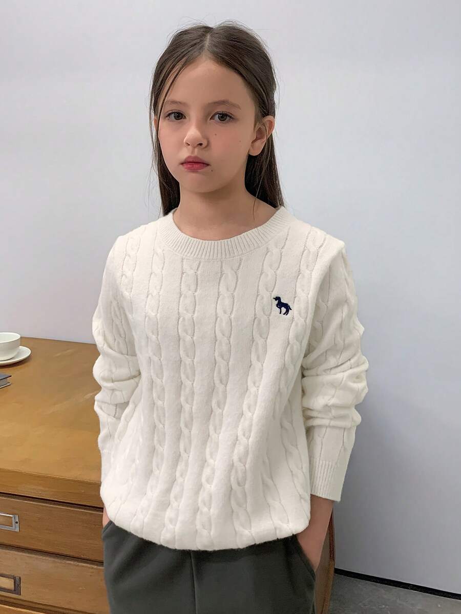 Hapijoa Tween Girls Embroidered Crew Neck Sweater, Fall - White - View 1