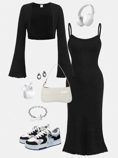 SHEIN Girlism 2 件套 Tween 女童纯色针织披肩上衣和紧身吊带裙套装，优雅精致