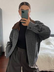 DAZY Women's Loose Fit Plaid Patchwork Wool Blend Jacket, Casual Business Office Wear, Fashion Outdoor Street Style, Autumn/Winter Women Coats - Grey - View 7