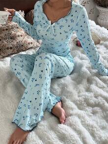 CottageSlumber Women's Pajama Set, Blue Romantic Ditsy Floral, Ribbed Ruffle Trim, Casual Loungewear Light Blue Pajama Set Fall Winter Clothes - Blue - View 2