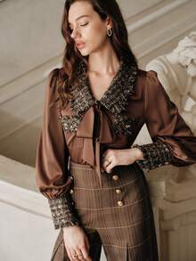 Anewsta Savoree French Retro High-End Loose Patchwork Lantern Sleeve Brown Shirt - Coffee Brown - View 7