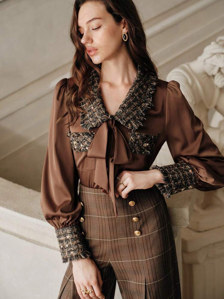 Anewsta Savoree French Retro High-End Loose Patchwork Lantern Sleeve Brown Shirt