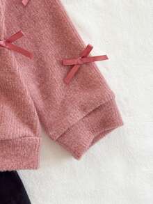 SHEIN 女婴幼儿新生儿 0-3 岁秋冬时尚针织毛绒罗纹蝴蝶结开衫夹克 + 打底裤 2 件套服装 - 彩色 - 查看 5