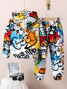 SHEIN Bộ 2 áo nỉ trùm đầu phong cách thể thao đường phố in chữ King dáng rộng thoải mái cho bé trai, phù hợp cho mùa thu/đông - Nhiều màu - Xem 4