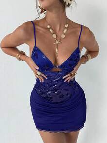 Aloruh Nuevo vestido camisero romántico y sexy con cuello en pico, contraste de malla y brillo, con shorts. Vestido mini anti-destellos