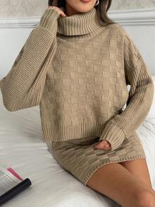 EURMUSE Taupe Textured Turtleneck Sweater & Ribbed Knit Skirt Co-Ord Set High Neck Checkered Knit Two Piece Set With Oversized Sweater And Bodycon Mini Skirt For Cozy Fall Looks - Camel - View 6