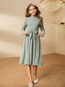 Mädchen Rundhals Langarm figurbetonte einfarbige Fleece Stoff Mädchen Herbst Rollkragen Pulloverkleid mit passendem Gürtel, Mädchen Herbst/Winter Grundkleid