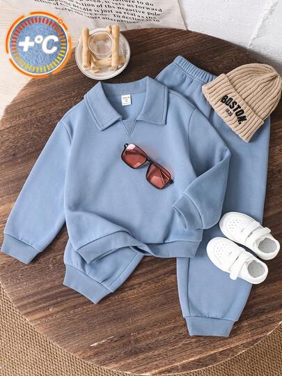 SHEIN 2pcs/Set Young Boys Casual Solid Color Polo Collar Long Sleeve Sweatshirt And Pants Tracksuit, Thermal Lined Thick Fabric, School/Back To School Outfit