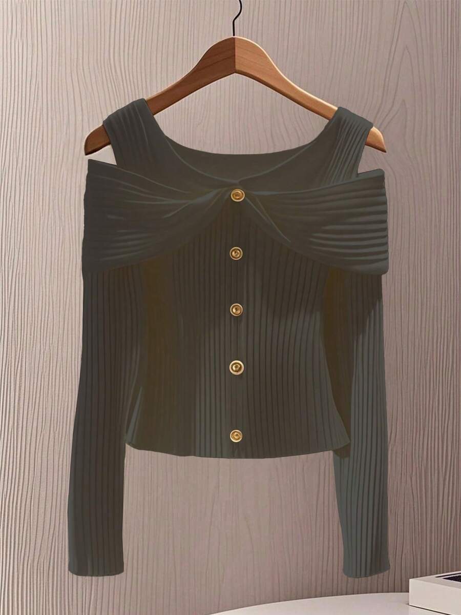 GlowEve Kaos Fashion Wanita Lengan Panjang Tanpa Bahu dengan Desain Kancing Warna Polos - Dark Grey - View 1
