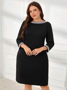 Miaspire Plus Size Elegant Black Dress For Women,Autumn Formal Dinner Evening Party Mid-Length Dress With Rhinestone,Casual Work Modest Outfits,Flowy Clothes - Black - View 4