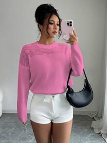 SHEIN Clasi 女式纯色简约休闲镂空圆领长袖毛衣 - 粉色 - 查看 4
