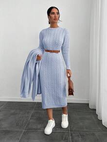 EURMUSE Damen Herbst/Winter Dicke Zopfstrick Strickjacke und Rundhals Langarm Strickkleid Lässig 2 Stücke Set - Babyblau - Übersicht 7