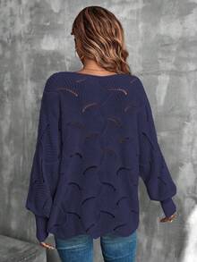 EMERY ROSE Solid Color Hollow Out Crew Neck Casual Pullover Sweater - Royal Blue - View 2