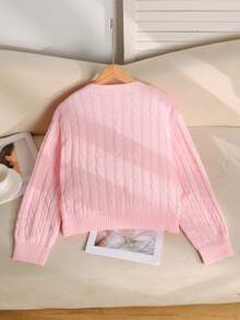 SHEIN Tween 女童休闲纯色落肩宽松纹理针织短款毛衣，秋冬针织衫，粉色 - 粉色 - 查看 2