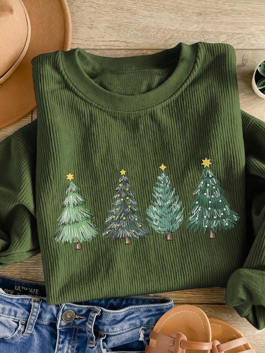 INAWLY 圣诞树印花时尚简约女士圆领羊毛长袖运动衫，送给朋友的礼物，秋冬 - 軍綠色 - 查看 1