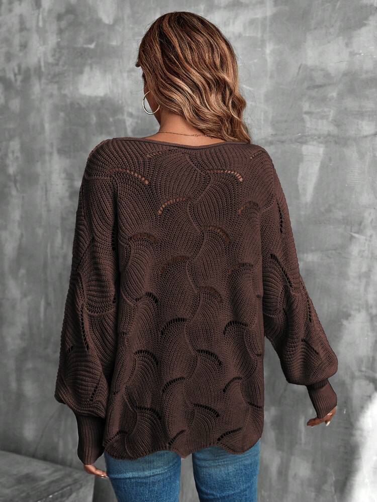 Lantern Sleeve Pointelle Knit Sweater,Long Sleeve Tops Knit Pullover Fall Winter Sweater