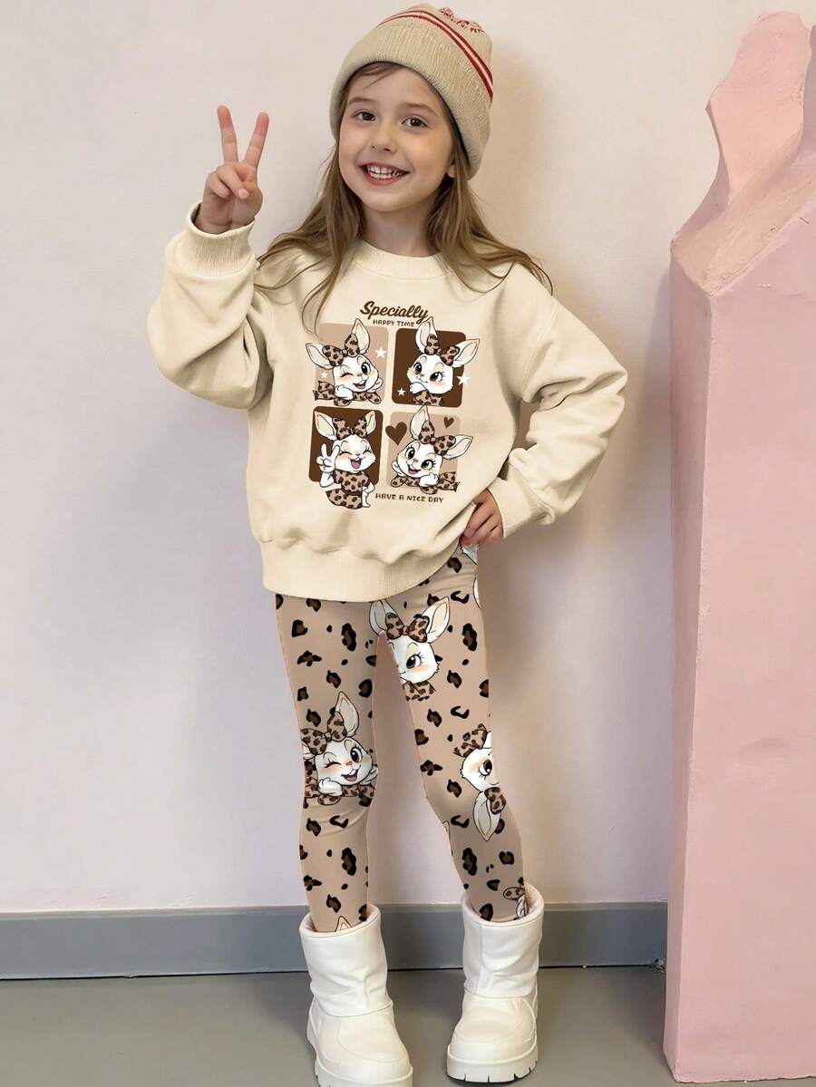 SHEIN 2pcs/Set Baju Sweatshirt dan Legging Motif Kelinci & Leopard Lucu untuk Anak Perempuan, Modis dan Kasual, Cocok untuk Musim Gugur/Musim Dingin - MultiWarna - View 1