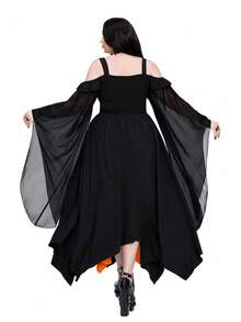 Whyspr 大码女式哥特式拼布撞色束腰长裙 - 橘色 - 查看 2