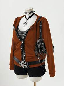 Sunspun Chaqueta con capucha de manga larga con decoración de remaches, estilo oscuro y punk, talla grande - Óxido marrón - Ver 4