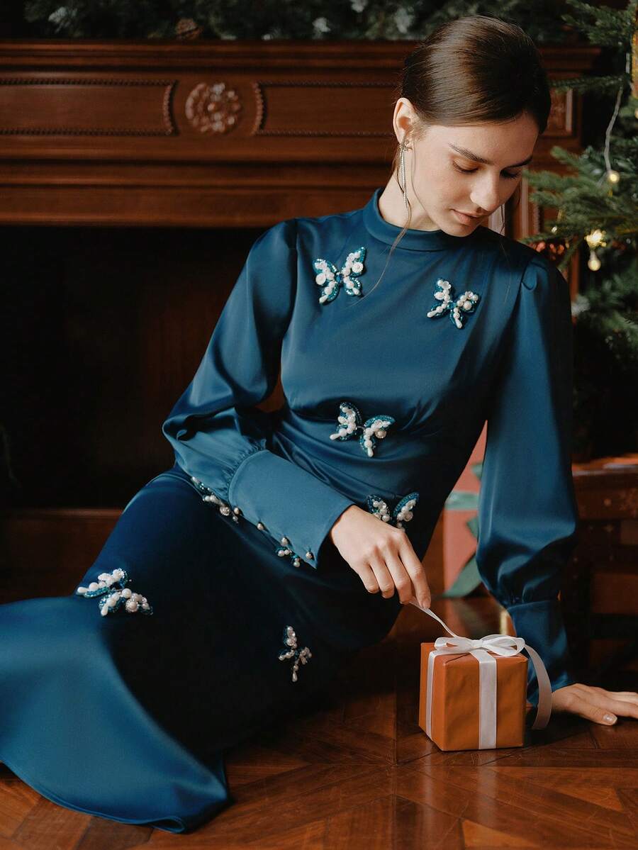 Anewsta Elegant Satin Waist-Cinched Butterfly Decor Dress, Flattering Silhouette - Blue - View 1
