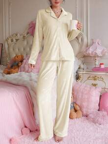 PetitDoll 女士纯色蝴蝶结提花天鹅绒开衫长裤睡衣套装，秋冬柔软睡衣套装，纽扣睡衣套装，女士家居服，秋季女装 - 米色 - 查看 6
