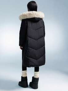 New Fashionable Hooded Loose Overcoat, Horn Button Fur Collar Mid-Long Padded Coat For Women - Black - View 6