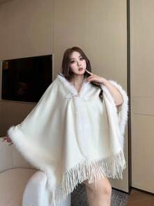 Flirla 大码拼布人造毛皮流苏下摆披肩羊毛大衣 - 杏色 - 查看 4