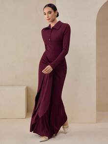 Graceveil 女士勃艮第色 Polo 领褶皱设计优雅长裙，适合秋季正式活动和派对 - 酒紅色 - 查看 6