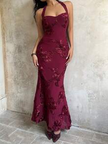 SHEIN SunnyBelle Women's Burgundy Halter Maxi Fitted Mermaid Dress, Luxury Embroidered Elegant For Wedding, Party, Banquet, Beach, Night Out, Date, Autumn, Valentine's Day, Christmas Burgundy Dress Dark Red Dress