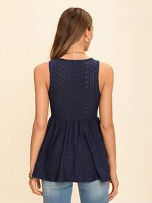 SHEIN LUNE Women's Solid Eyelet Embroidery Button Detail Tank Top, Suitable For Daily Wear In Spring And Summer - Navy Blue - View 2