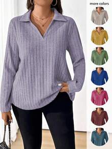 SHEIN LUNE Camiseta casual de punto acanalado con media cremallera y mangas raglán para mujer de talla grande - Morado - Ver 1
