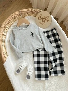 2 件都市休闲男婴刺绣圆领长袖 T 恤和格子长睡裤家居服套装，适合圣诞节 - 彩色 - 查看 5