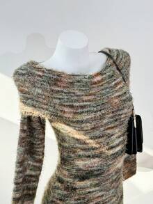 Franclia Women's Dark Green Elegant Autumn Brunch Long Sleeve Knitted Sweater Dress,Large Lapel One-Shoulder Sunset Blended Yarn Slim Party Wedding Guest Dress - Multicolor - View 4